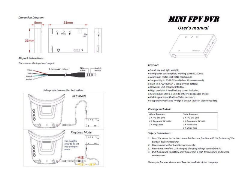 Відеореєстратор FPV Readytosky Mini DVR з акумулятором (чорний) 2722388951276 фото